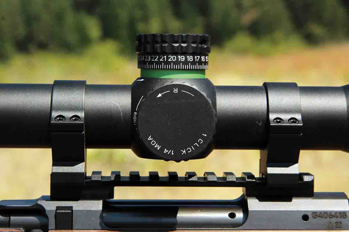 Patrick tested the FFP MOA version of the Emerge 4-32x 56mm riflescope. Turret adjustments were therefore made in quarter-inch increments familiar to most American shooters. A MIL version is also offered.
